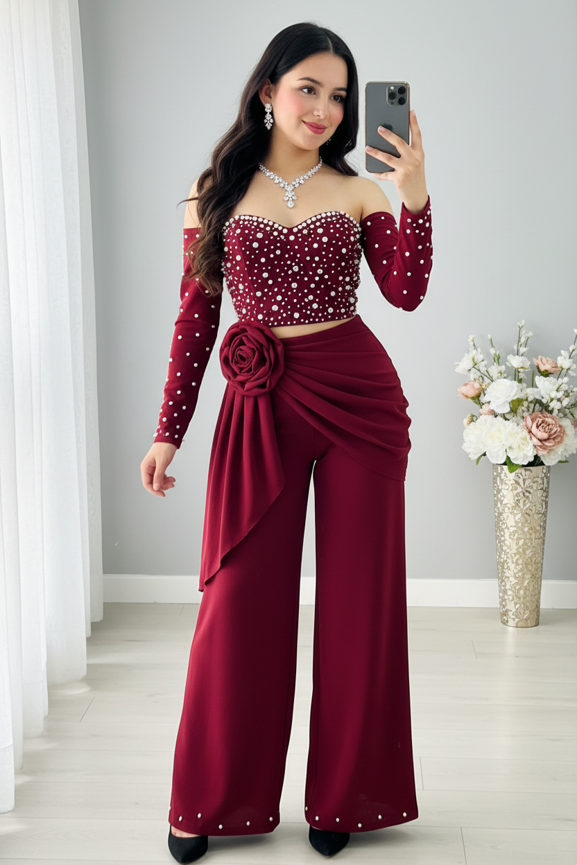 Conjunto Gala Vinotinto Corset de Perlas Off-Shoulder y Palazzo con Rosa 3D cod.C0031