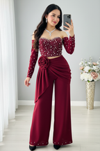Conjunto Gala Vinotinto Corset de Perlas Off-Shoulder y Palazzo con Rosa 3D cod.C0031