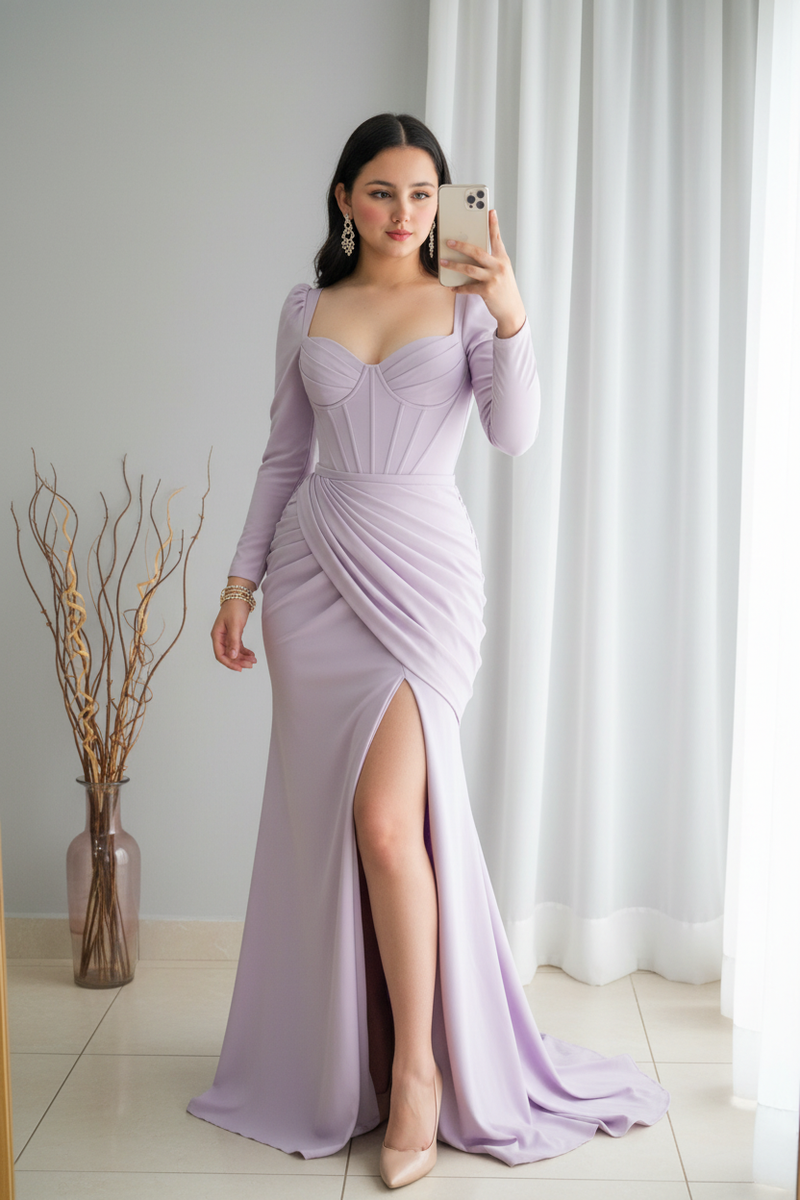Vestido Lila Manga Larga con Corset y Abertura Frontal cod.V530