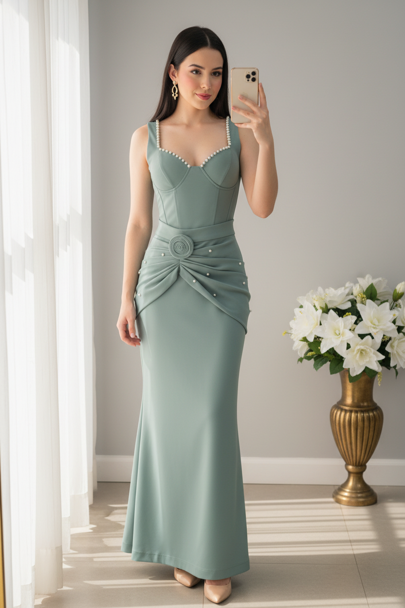 Conjunto Verde Salvia Corset Perlas Rosa | CS-012