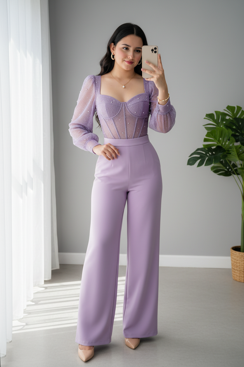Conjunto Lila Lavanda Corset Tul Perlas + Pantalón Palazzo cod.C695