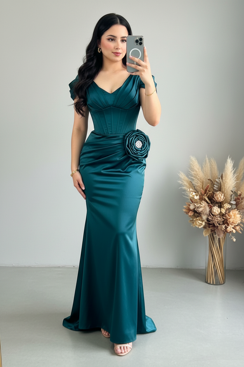 Vestido Largo Verde Azulado - Corset con Rosa D3 cod.V832