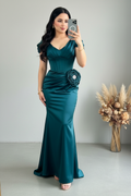 Vestido Largo Verde Azulado - Corset con Rosa D3 cod.V832