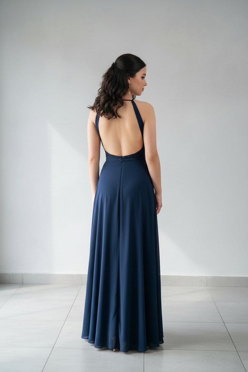 Vestido Largo Azul Marino Halter con Abertura Lateral cod.296