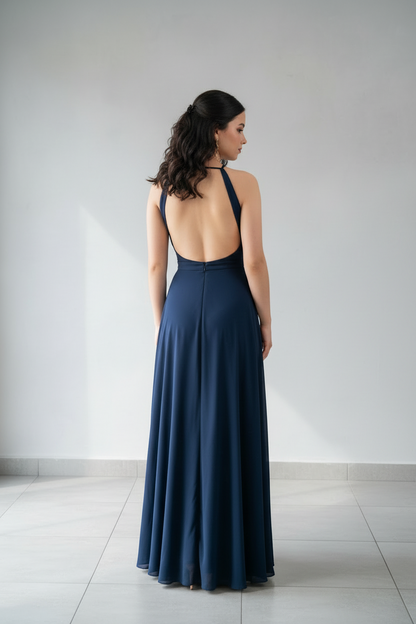 Vestido Largo Azul Marino Halter con Abertura Lateral cod.296