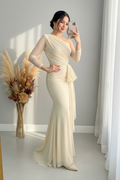 Vestido Sirena Ivory Un Hombro Manga Tul Drapeado cod.V402