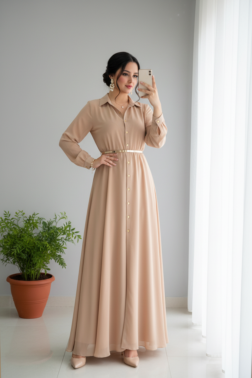 Vestido Beige Camel Manga Larga Cuello Camisero Botones Dorados Cinturon A-Line cod.831