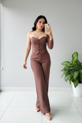 Conjunto Mocha Corset – Top Corazón con Manga & Pantalón Palazzo cod.668
