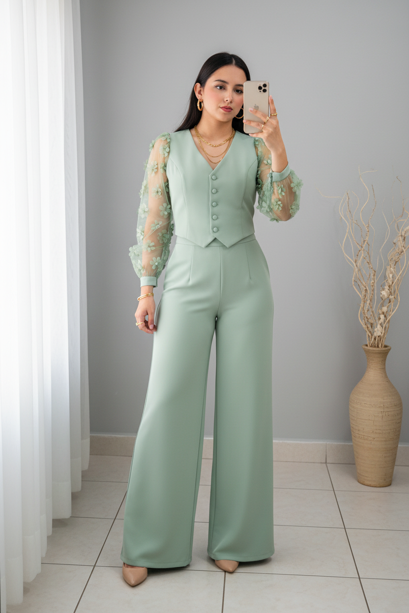 Conjunto Verde Menta 3 Piezas: Blusa Organza Floral, Chaleco y Pantalón Palazzo cod.C529
