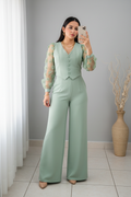 Conjunto Verde Menta 3 Piezas: Blusa Organza Floral, Chaleco y Pantalón Palazzo cod.C529
