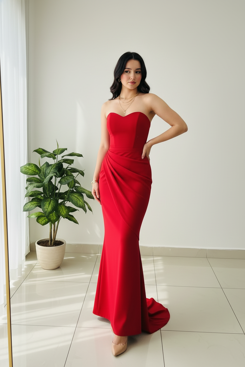 Vestido Sirena Rojo Strapless Sweetheart con Drapeado Diagonal y Cola cod.433