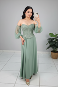 Vestido Formal Verde Salvia Off-Shoulder con Cuerpo de Pedrería cod.550