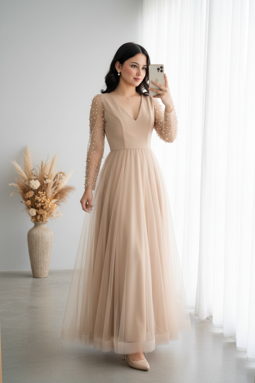 Vestido Champagne Escote V Manga Tul Perlas cod.V393