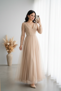 Vestido Champagne Escote V Manga Tul Perlas cod.V393