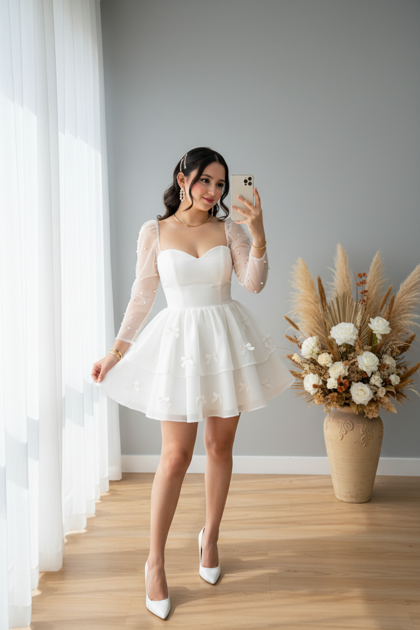 Vestido Blanco Corto Tul Perlas Manga Larga cod.V387