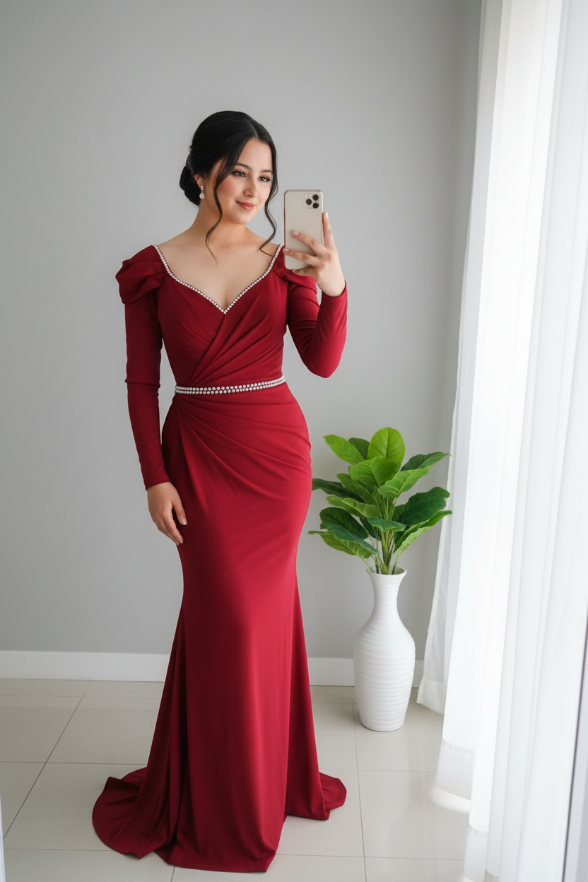 Vestido Sirena Rojo Vino con Cinturón Doble de Cristales Cod.V243
