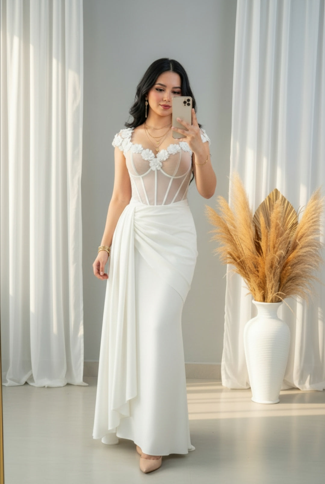Vestido Largo Blanco - Corset de Tul con Flores 3D y Falda Drapeada cod.V840