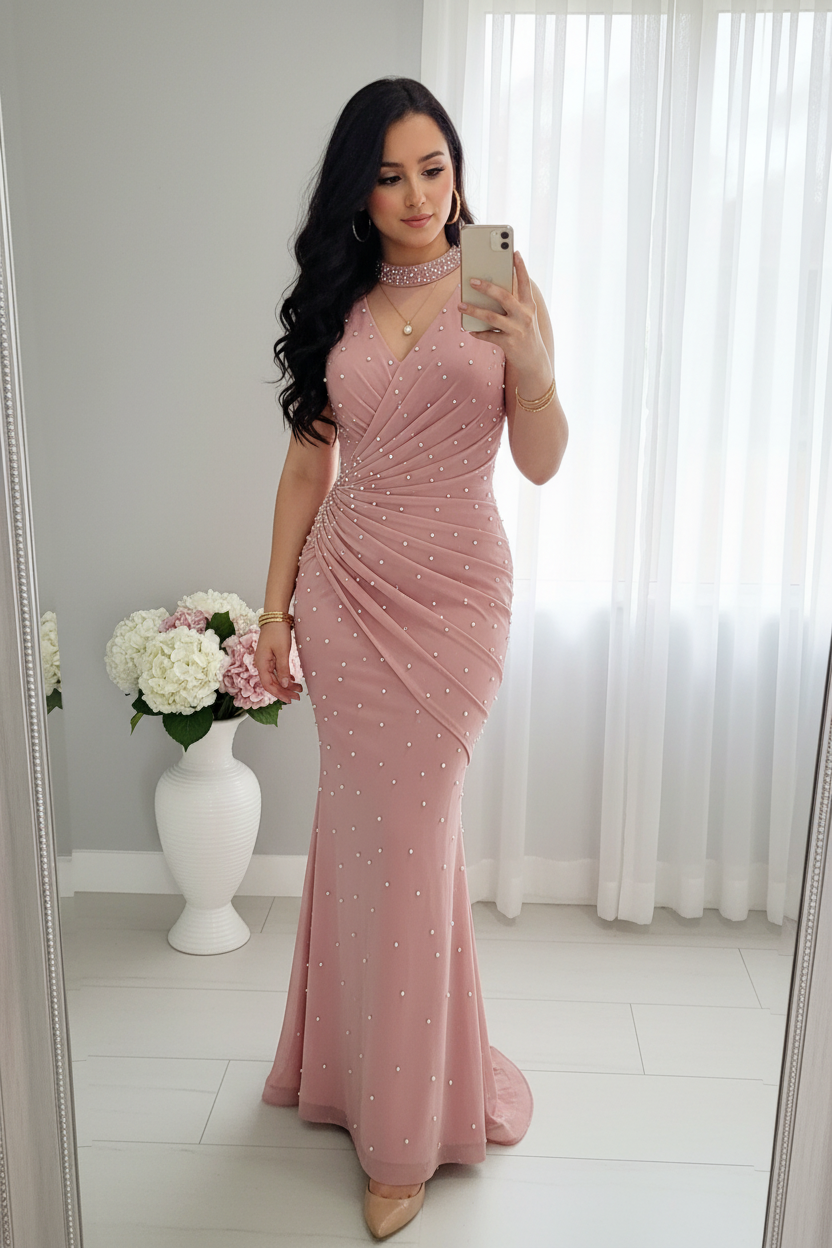 Gown Rosa Perlas Sirena cod.V738