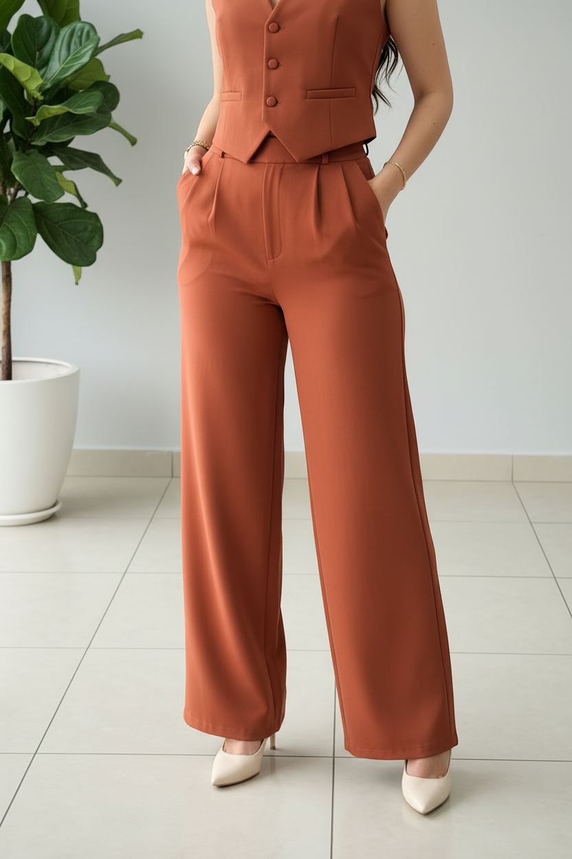 Conjunto Terracota: Chaleco con Rosa 3D y Pantalón Palazzo cod.411