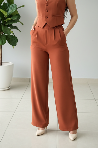 Conjunto Terracota: Chaleco con Rosa 3D y Pantalón Palazzo cod.411