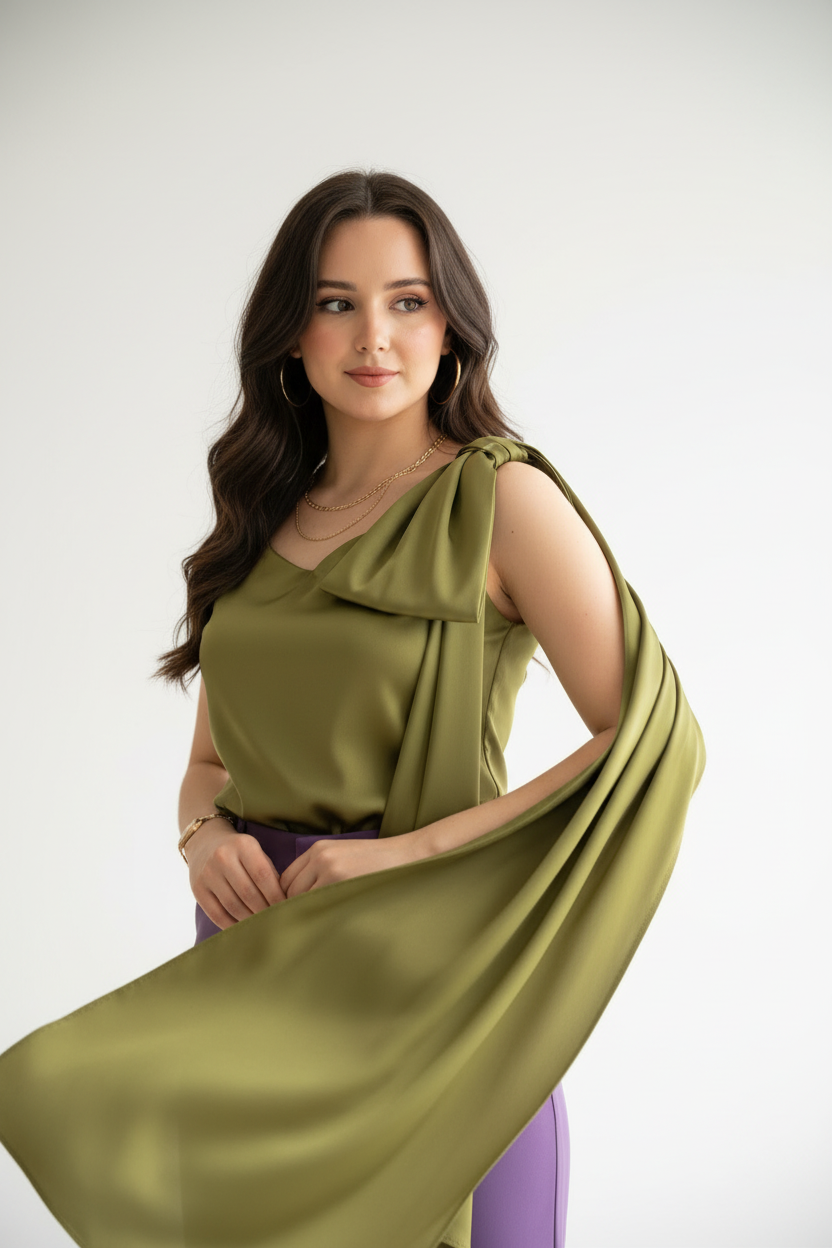 Blusa Elegante Verde Oliva con Moño en Hombro - Sofisticada y Versátil cod.330