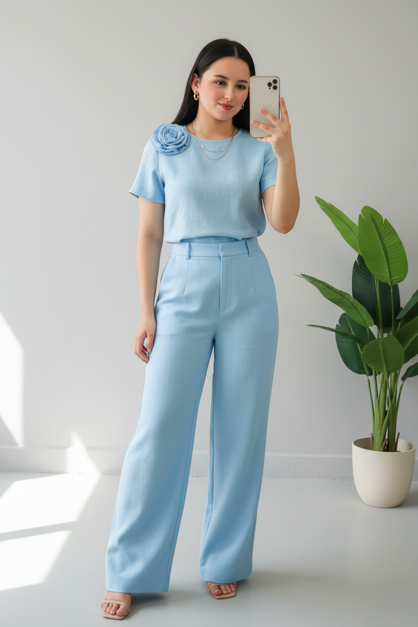Conjunto Sky Blue Rose & Palazzo cod.576