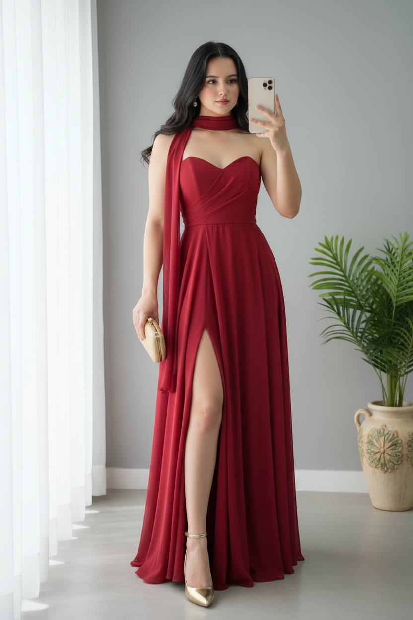 Vestido Rojo Vino Strapless con Choker, Capa Drapeada y Abertura Alta cod.0083