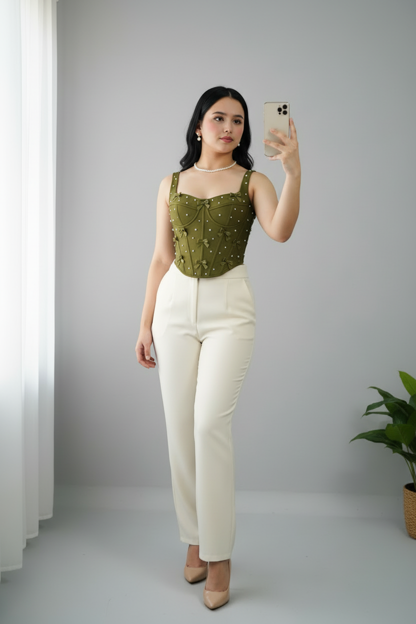 Conjunto Corset Verde Oliva con Lazos y Perlas y Pantalón Recto Crema cod.739