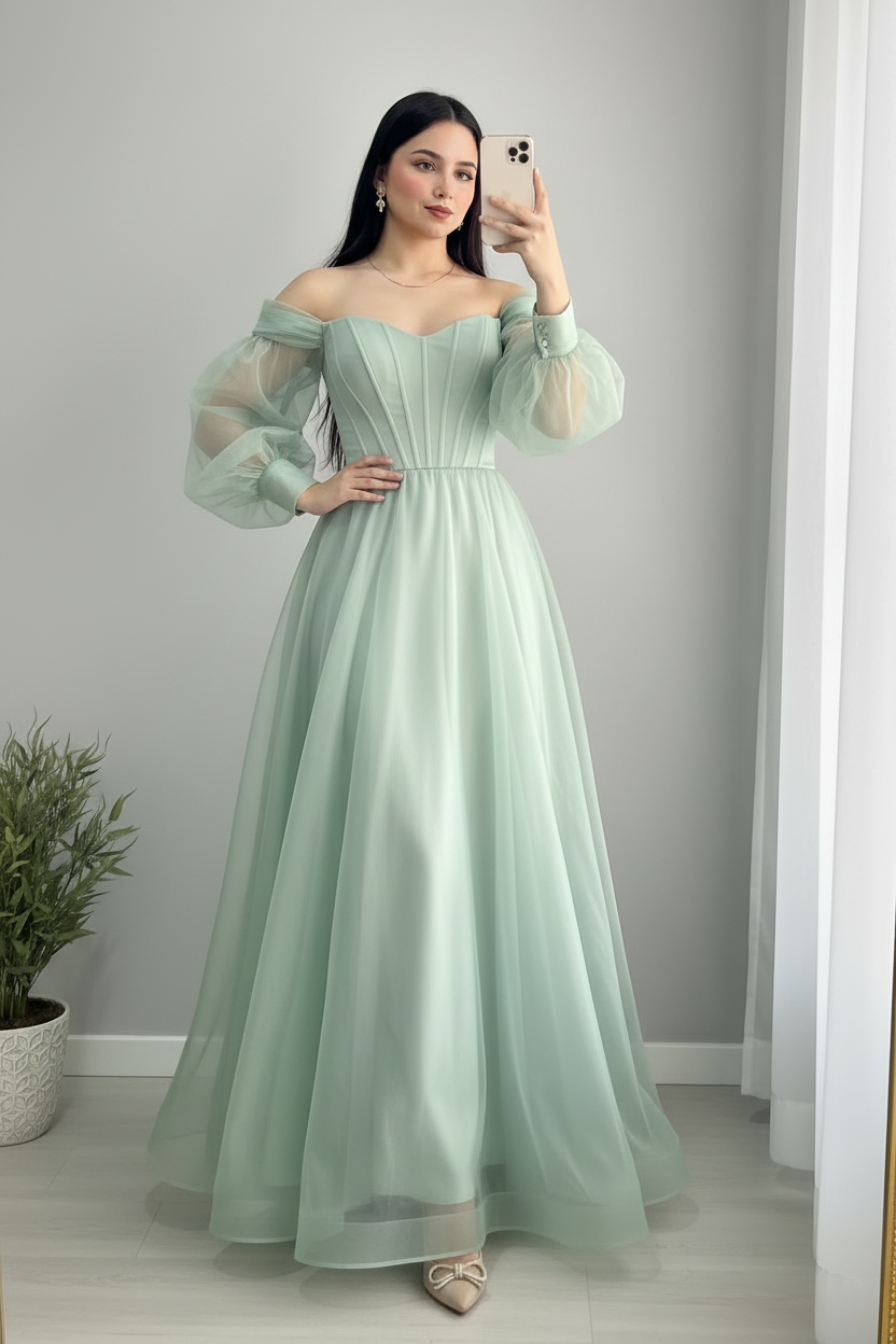Vestido Verde Menta Off-Shoulder Manga Bishop Tul Maxi cod.978