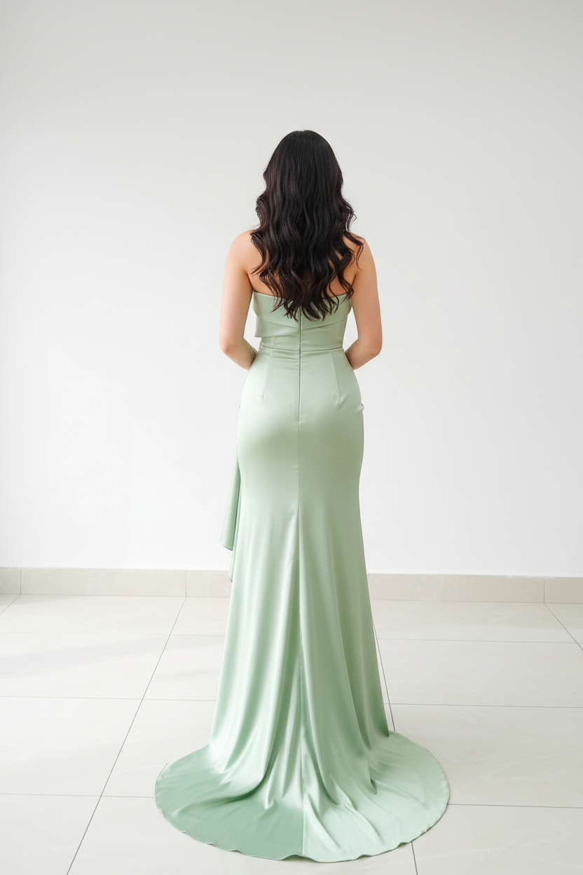 Vestido de Gala Verde Salvia con Rosa y Drapeado - Elegante Strapless cod.332