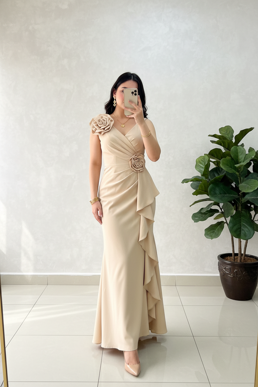 Vestido Largo Champagne con Dos Rosas 3D Artesanales y Volantes en Cascada cod.430