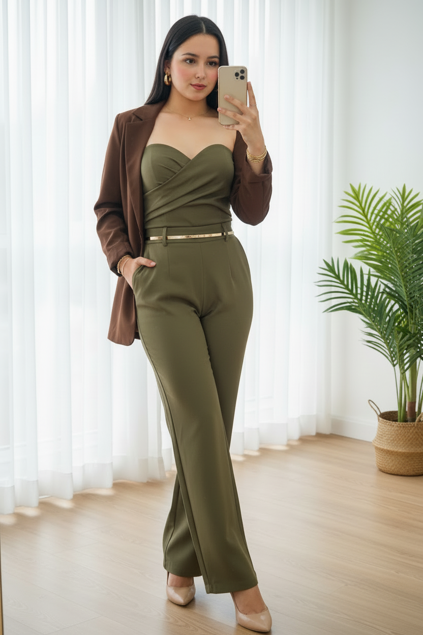 Conjunto Verde Olivo con Blazer Café  3 piezas cod.756