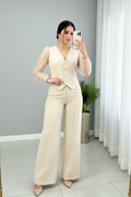 Conjunto Tres Piezas Crema — Tul con Perlas, Chaleco & Palazzo cod.873