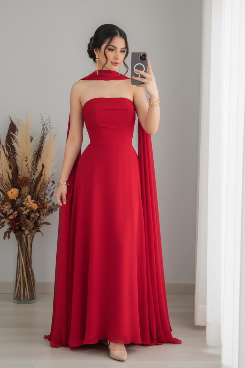 Vestido Rojo Strapless con Capa y Corsét cod.V364