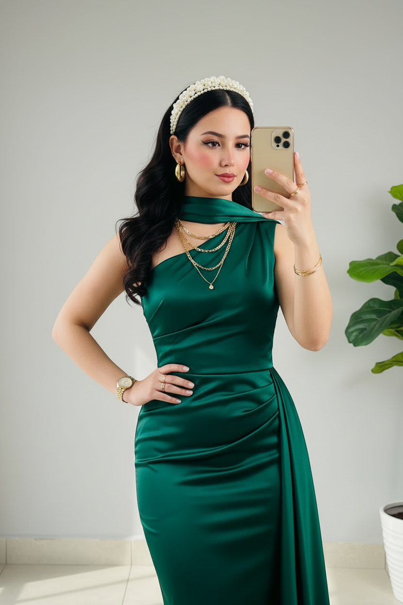 Vestido Verde Esmeralda Satínado Halter Drapeado con Cola Lateral cod.447