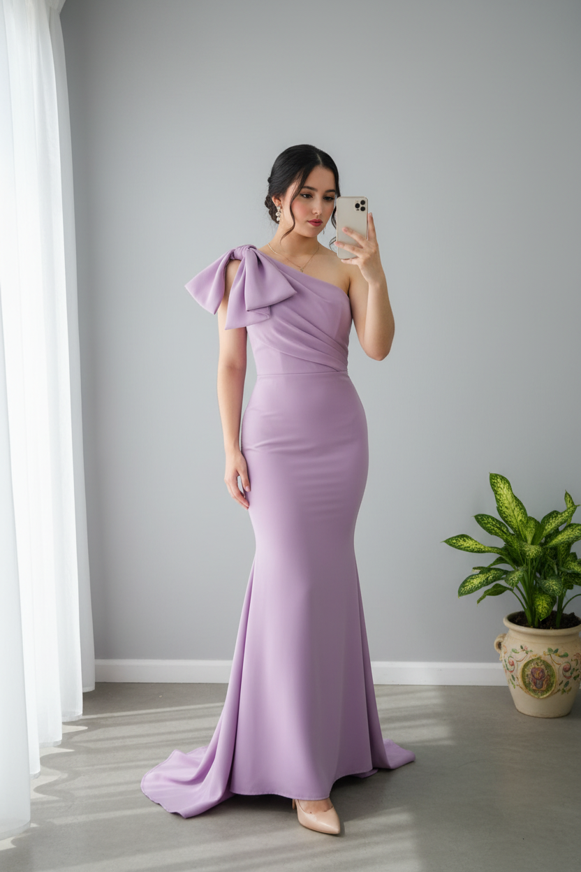 Vestido Lila Un Hombro Lazo Estructurado Sirena cod.925
