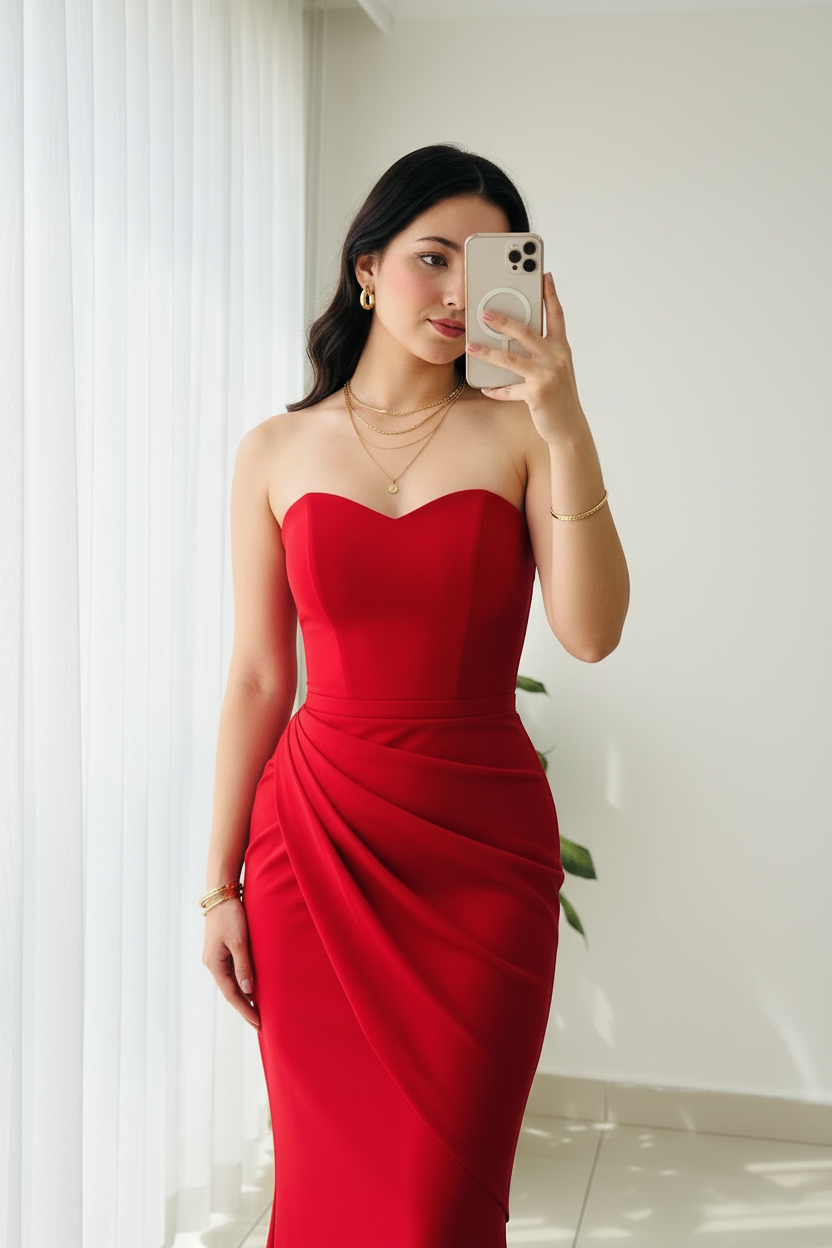 Vestido Sirena Rojo Strapless Sweetheart con Drapeado Diagonal y Cola cod.433
