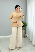 Conjunto Dos Piezas Camel — Blazer Peplum & Pantalón Palazzo cod.874