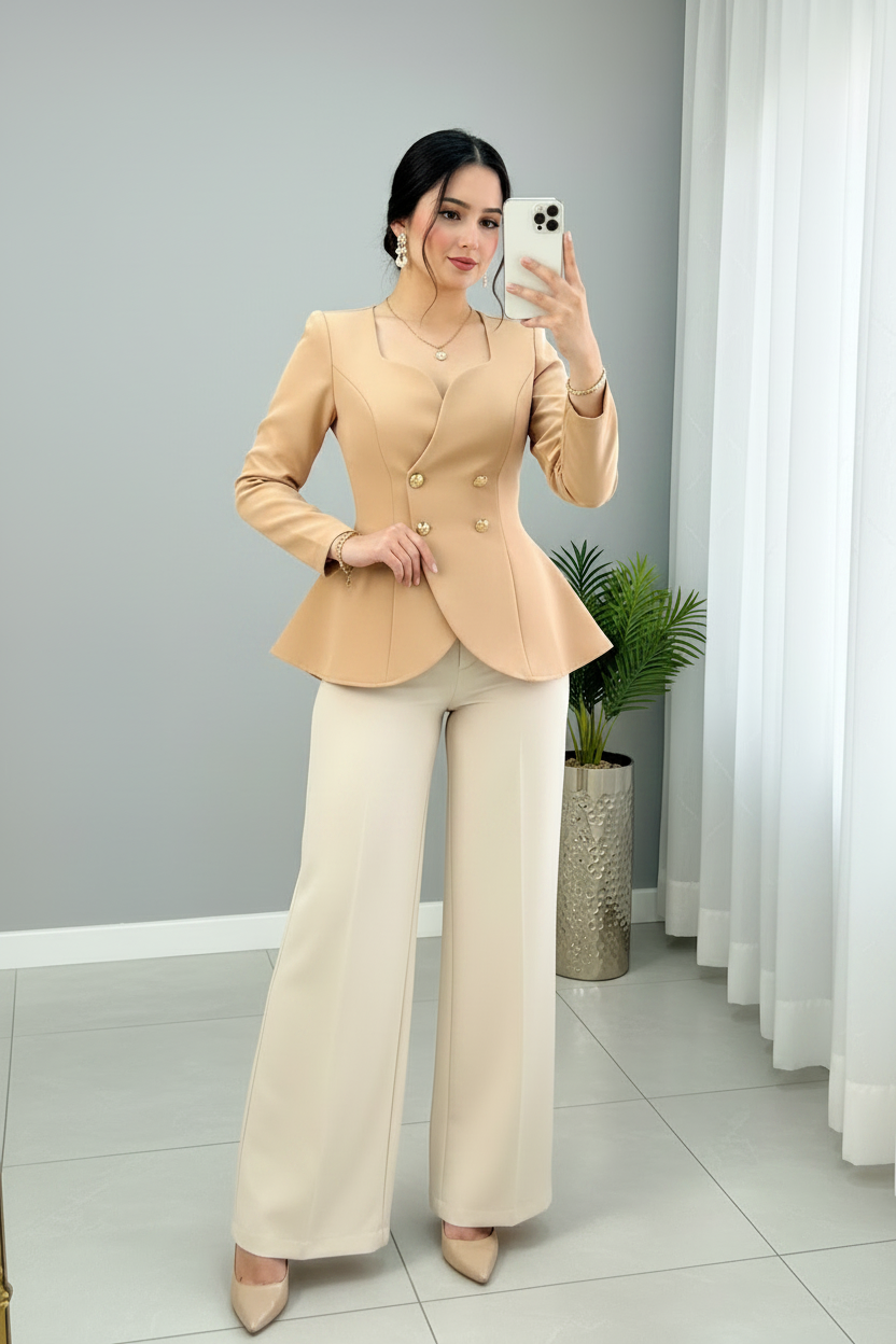 Conjunto Dos Piezas Camel — Blazer Peplum & Pantalón Palazzo cod.874