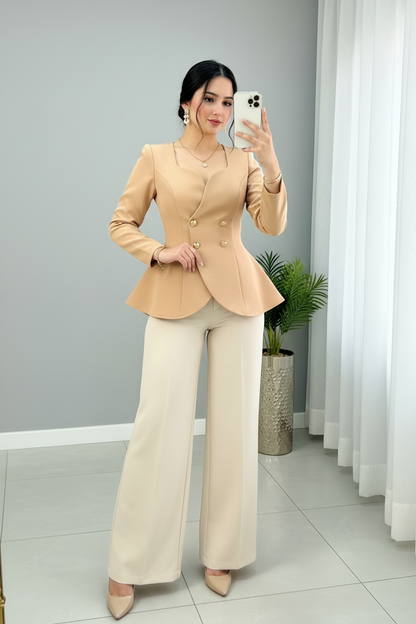 Conjunto Dos Piezas Camel — Blazer Peplum & Pantalón Palazzo cod.874