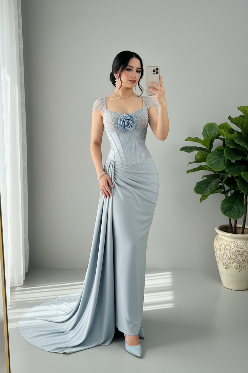 Vestido Azul Cielo Corset con Perlas Rosa 3D y Cola Lateral cod.810