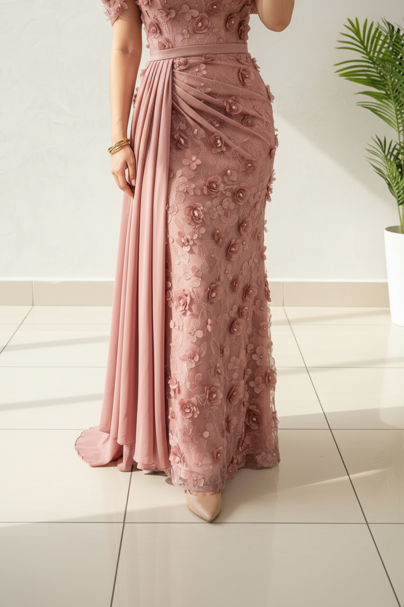 Vestido Rosa Palo Off-Shoulder con Apliques Florales 3D y Capa Drapeada cod.451