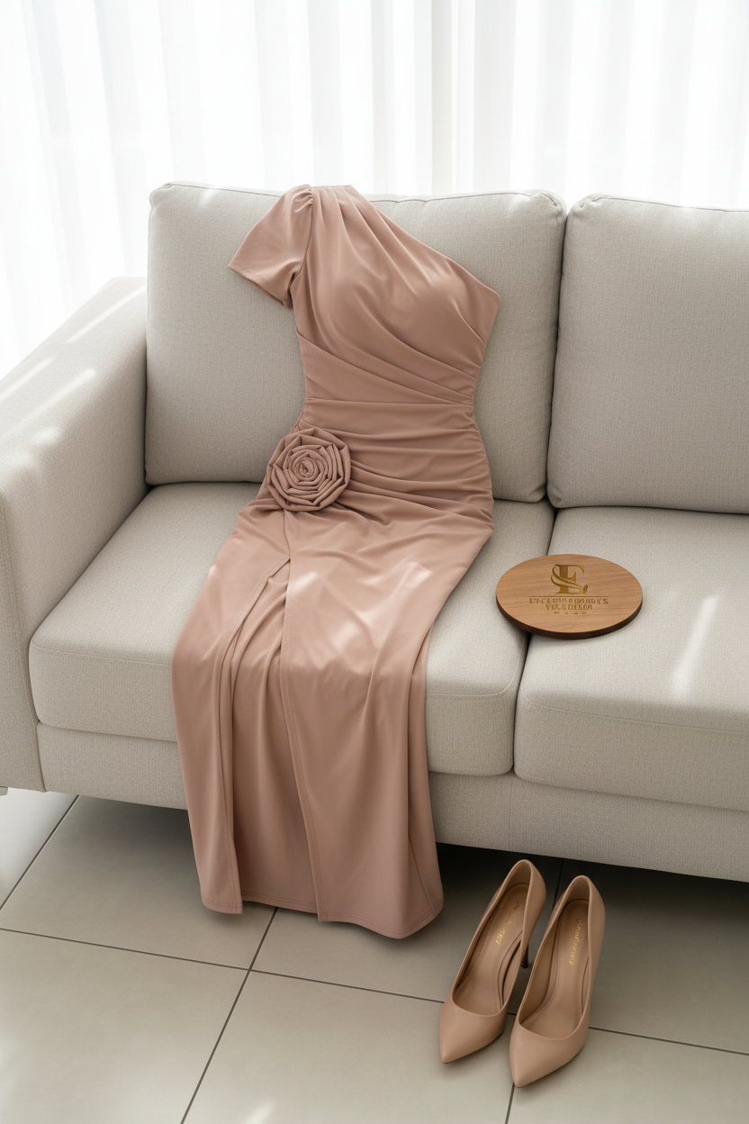 Vestido Largo Rosa Palo Un Hombro con Rosa 3D y Abertura Lateral cod.467