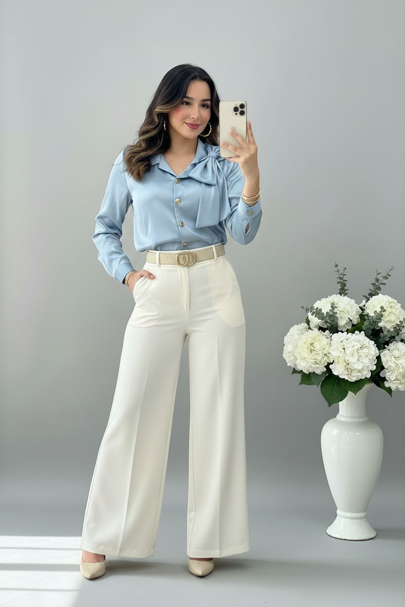 Pantalón Palazzo Blanco Hueso Talle Alto con Cinturón Dorado cod.P982