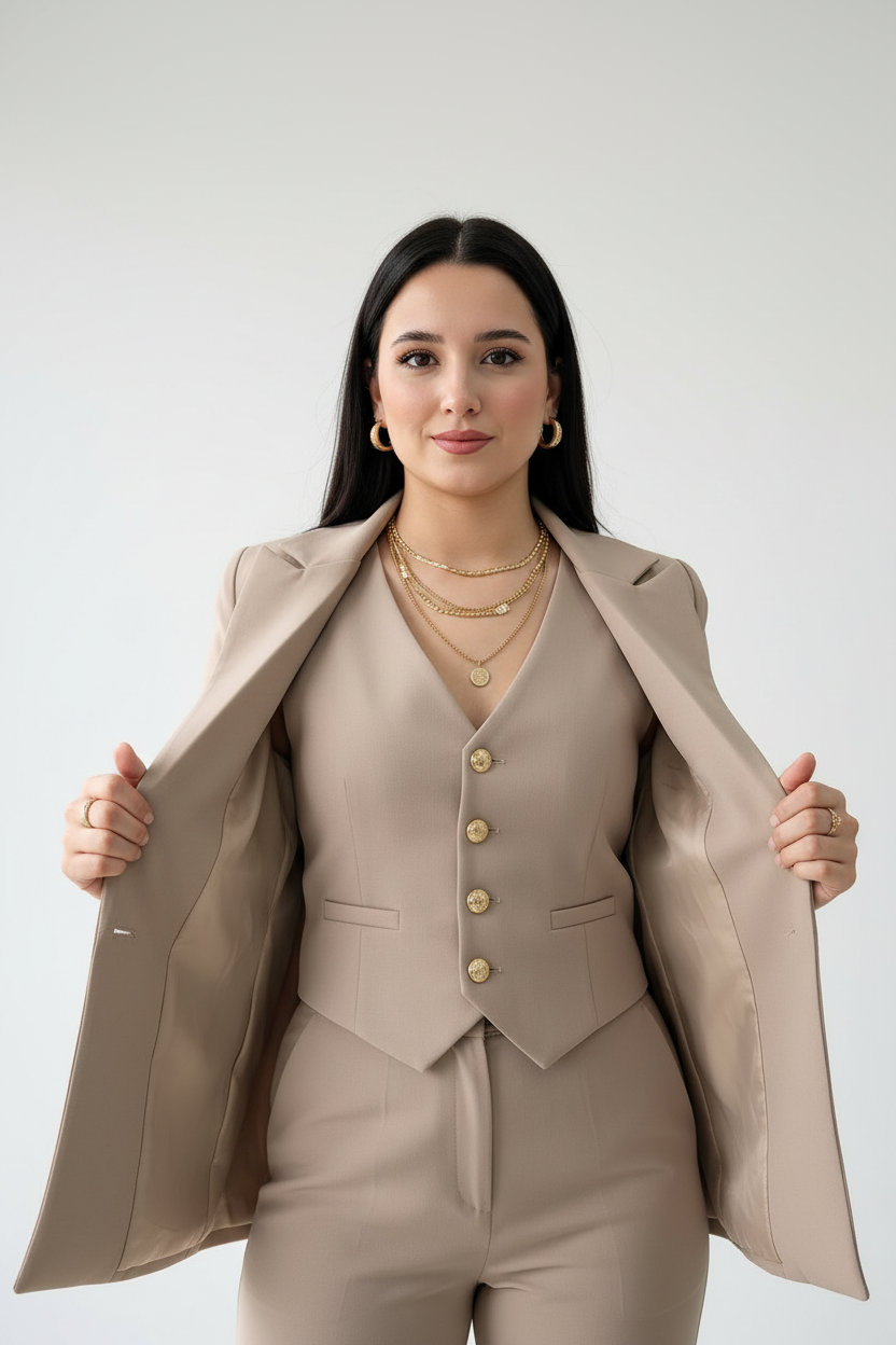 Conjunto Set Premium 3 Piezas Beige: Blazer + Chaleco + Pantalón - Ejecutivo Elegante cod.321