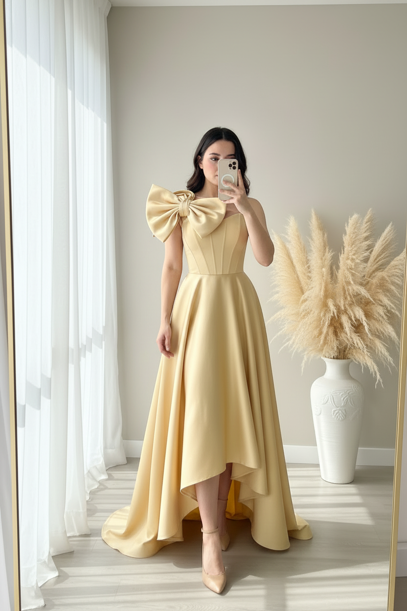Vestido Champagne Satén Moño Doble Corsé High-Low cod.00100