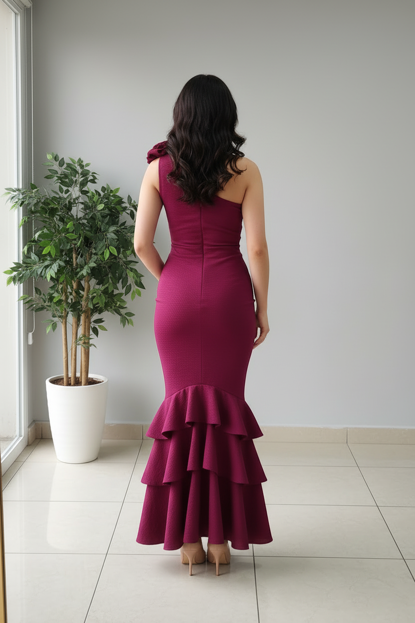 Vestido Borgoña Un Hombro con Rosa 3D y Volantes en Cascada Triple cod.449