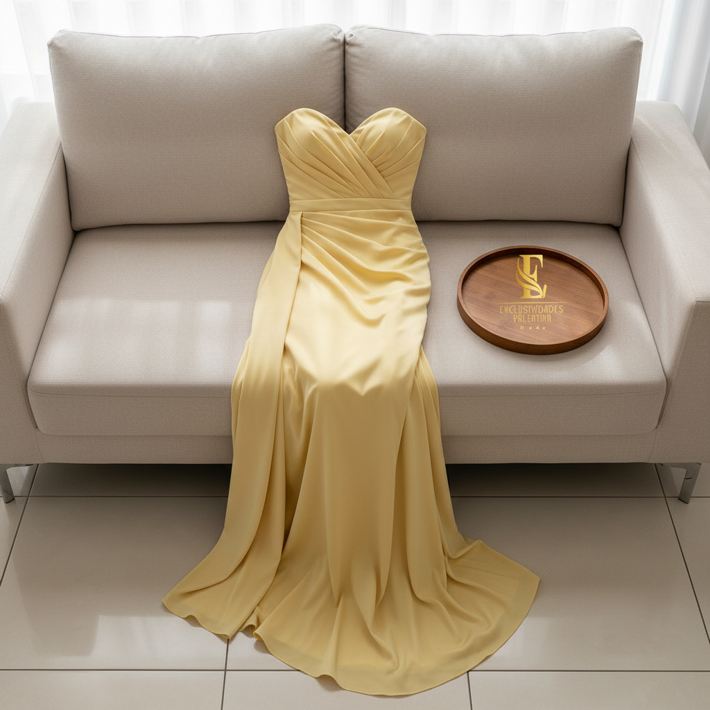 Vestido Amarillo Pastel Strapless con Drapeado Cruzado y Abertura Lateral cod.372