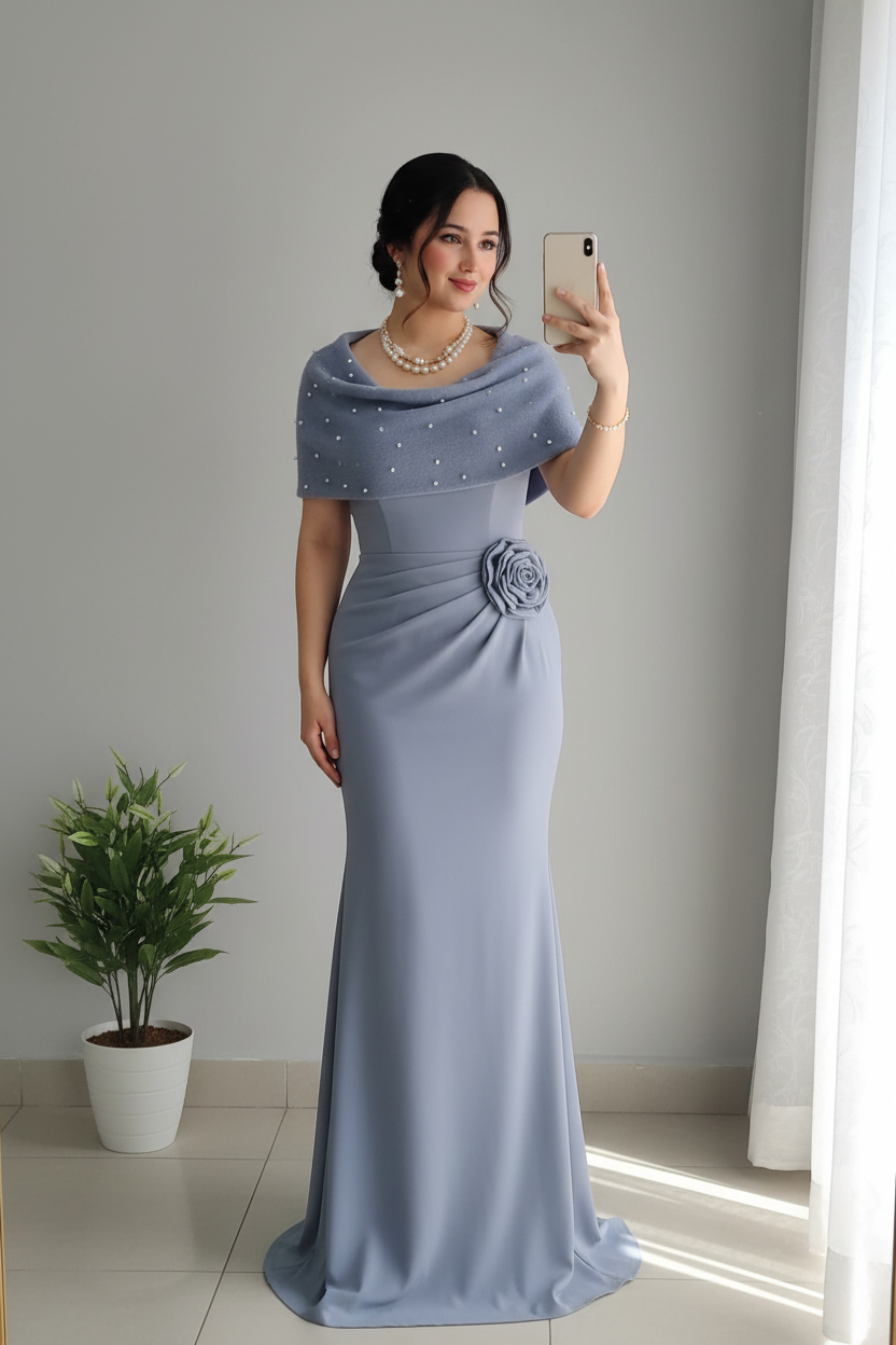 Vestido Sirena Azul Acero con Chal de Perlas Exclusivo cod.797