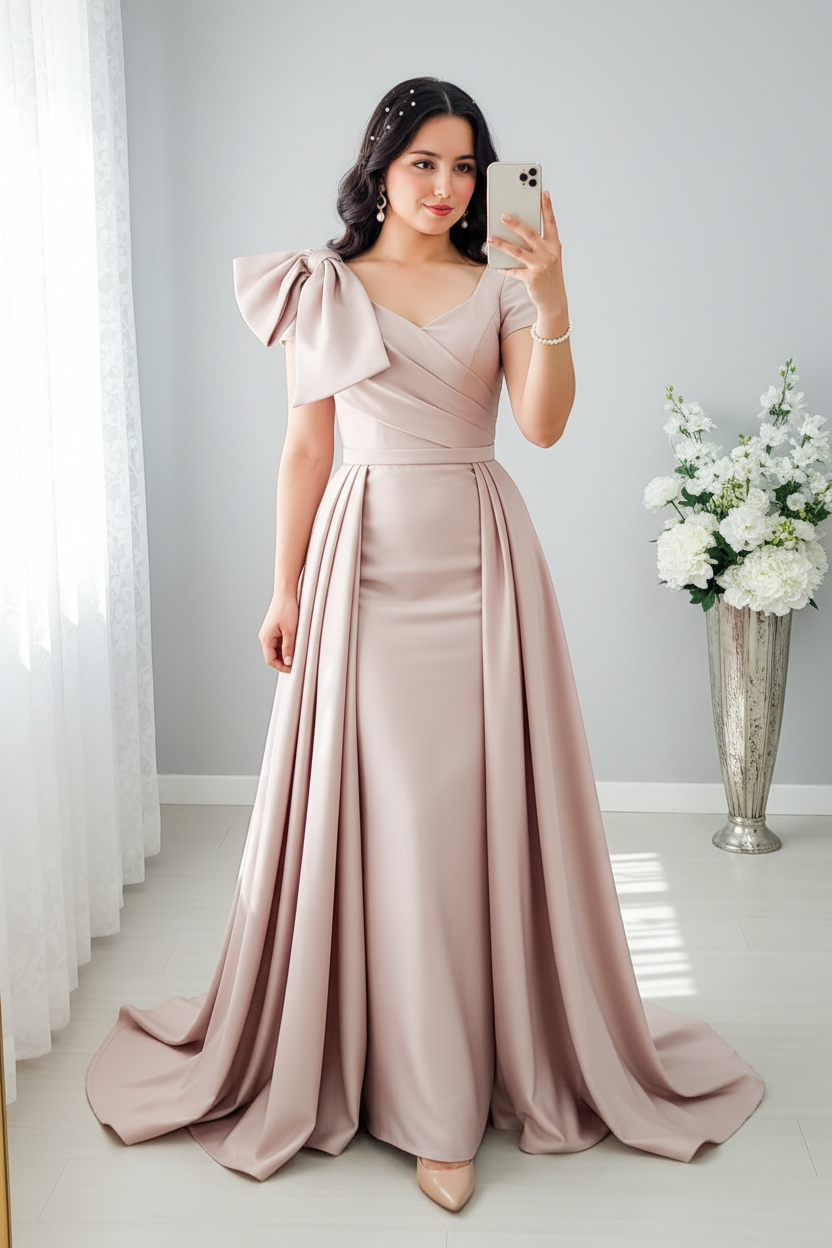 Vestido Blush Satén Escote V Cruzado Lazo Hombro Ball Gown Cola cod.V0044